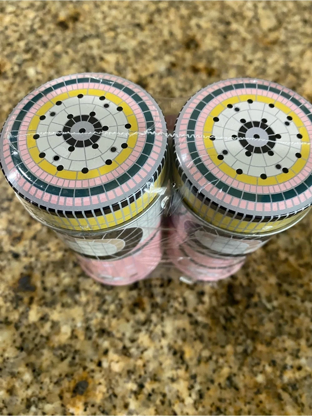 Mosaic Style Tin Pink Black Salt and Pepper Shaker Set Spice Tin 4.5”H x 2” W